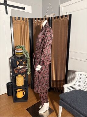 Silk Paisley Black & Red Button-Front Matching Set of PJs and House Coat